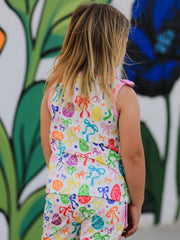 Rainbow Easter Egg Print Bow Sleeveless Vest Top and Shorts Set