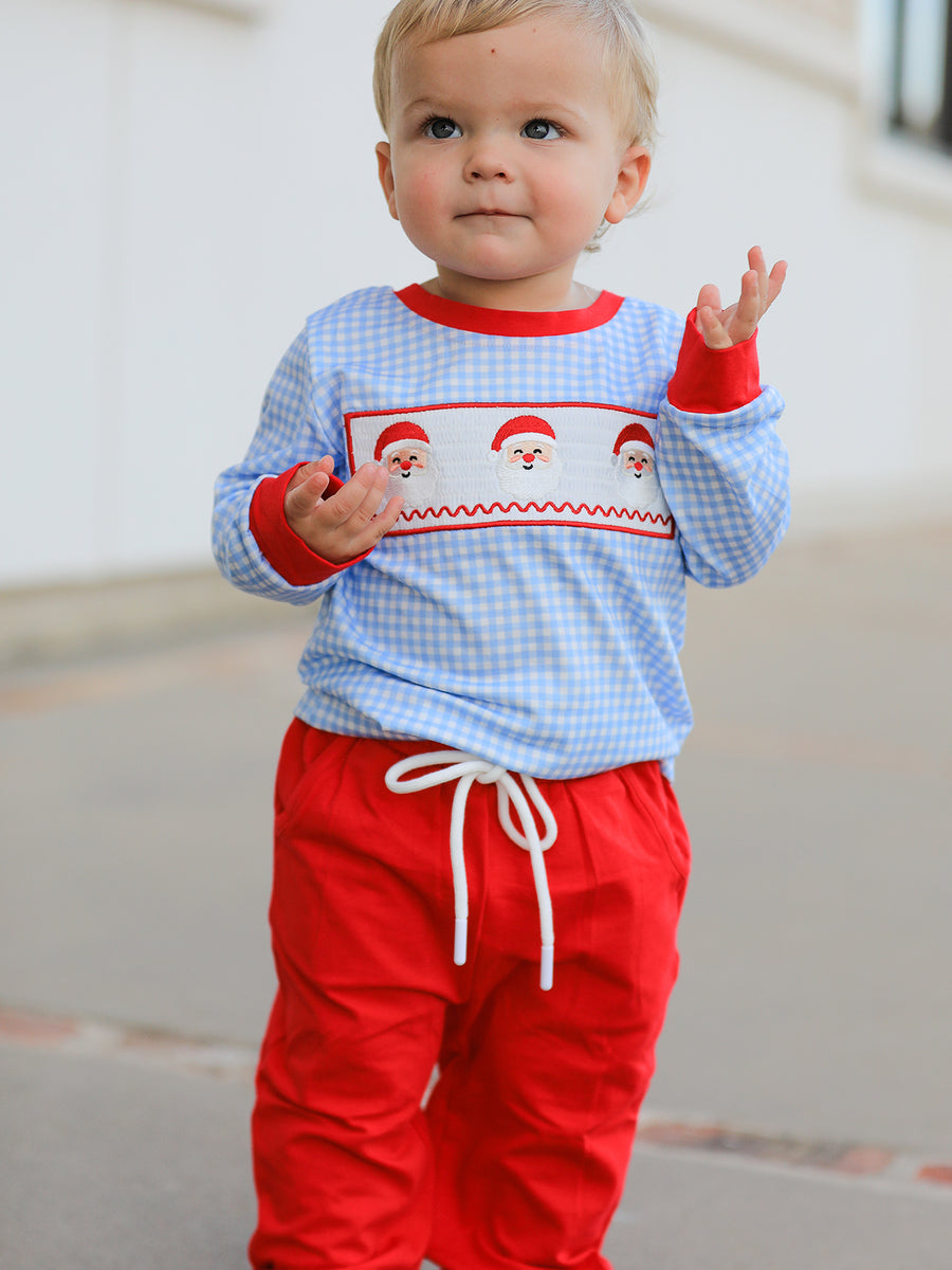 Christmas Santa Smocked Embroidered Boys Pant Set