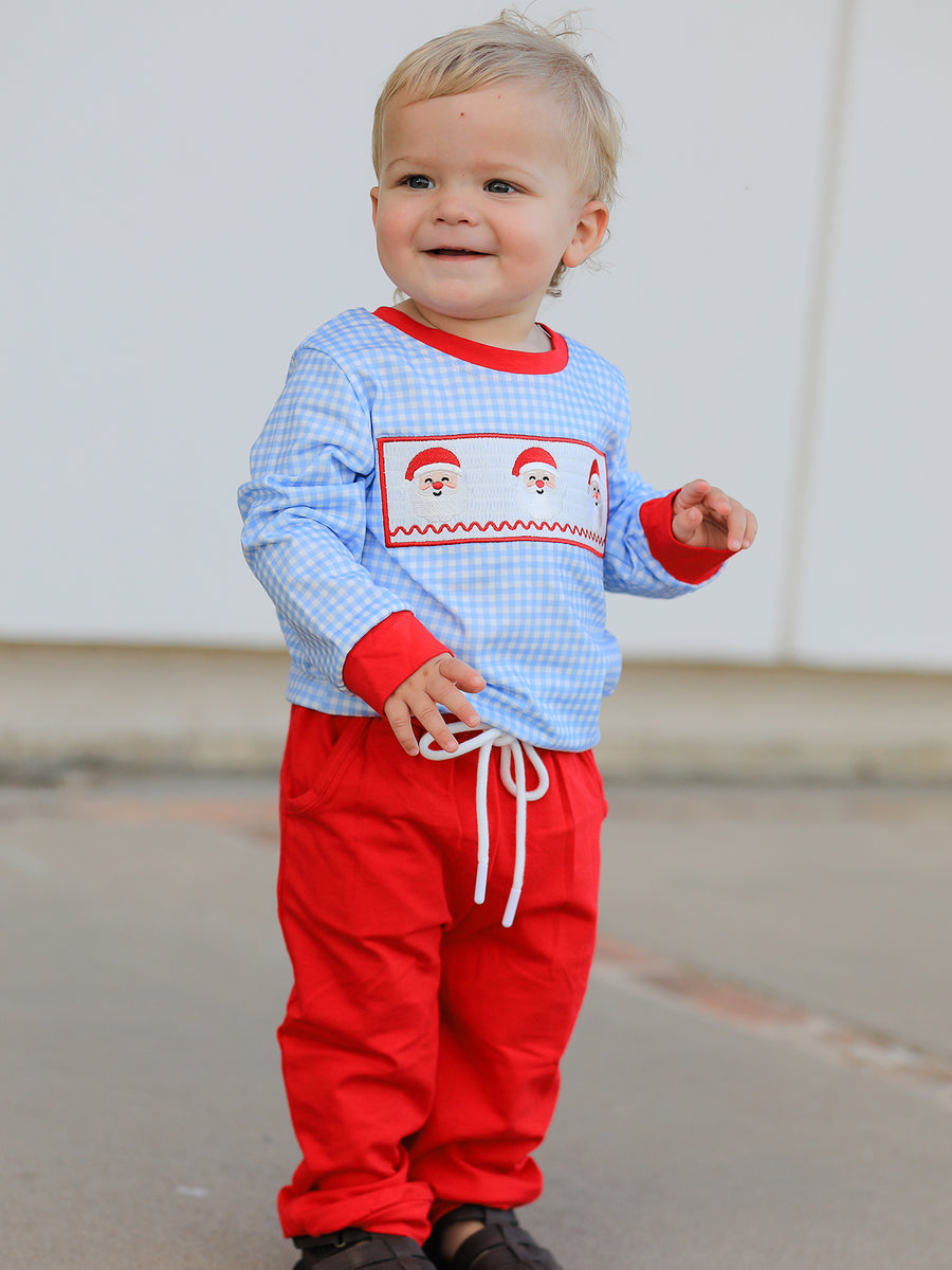 Christmas Santa Smocked Embroidered Boys Pant Set