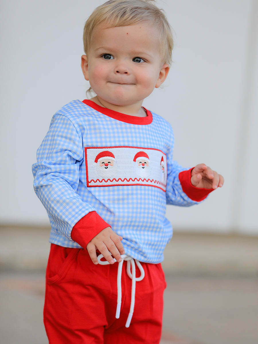 Christmas Santa Smocked Embroidered Boys Pant Set