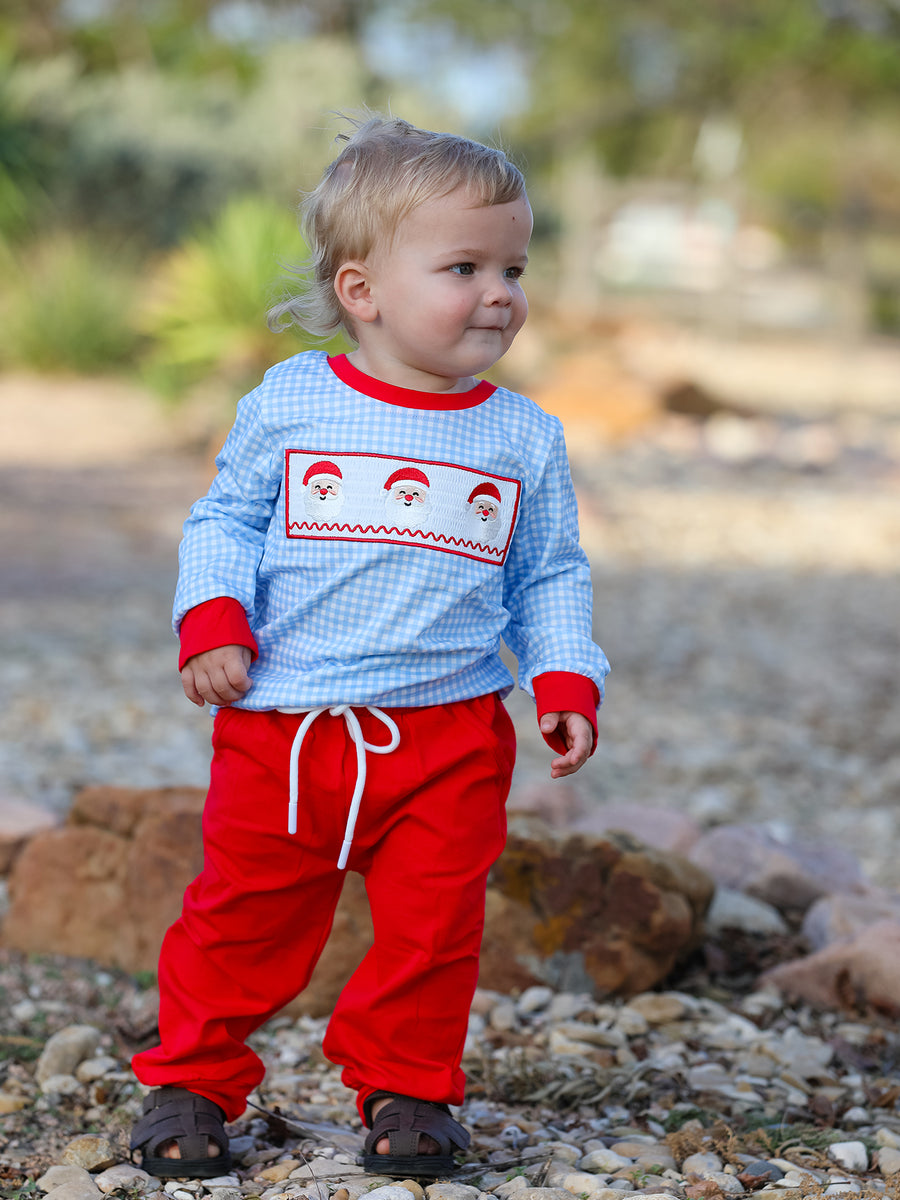 Christmas Santa Smocked Embroidered Boys Pant Set