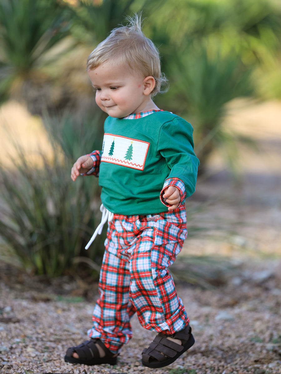 Christmas Tree Plaid Boys Set Long Sleeve Top Pants