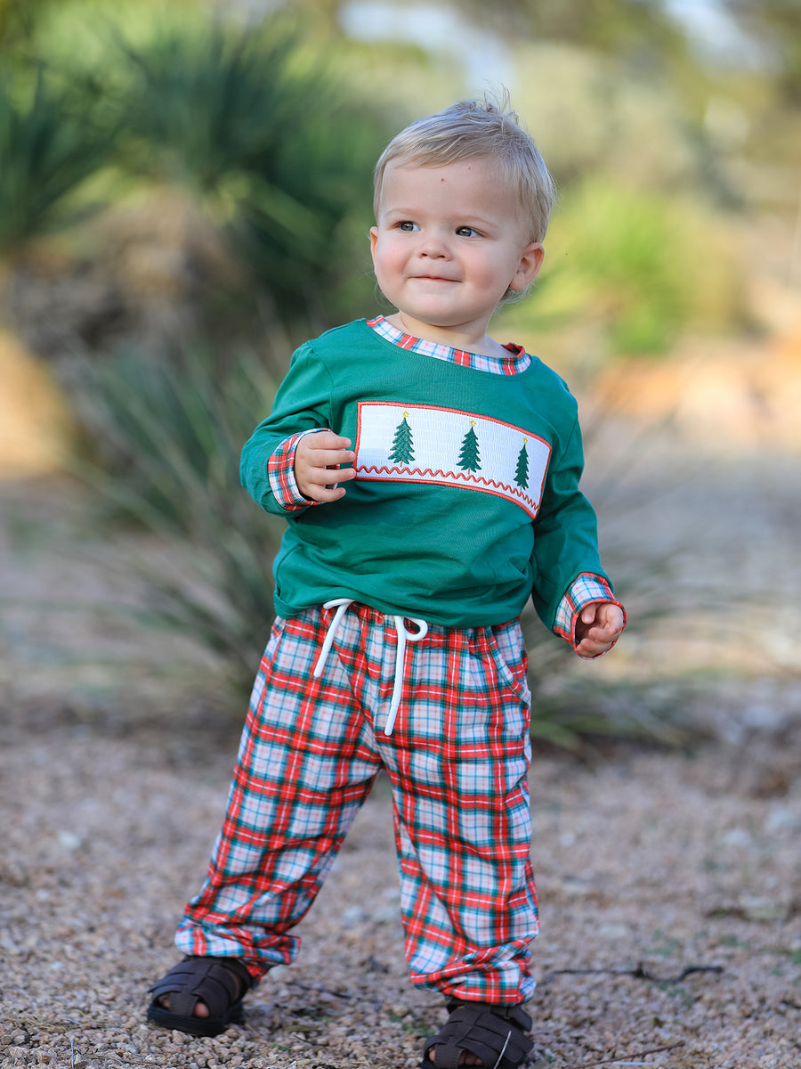 Christmas Tree Plaid Boys Set Long Sleeve Top Pants