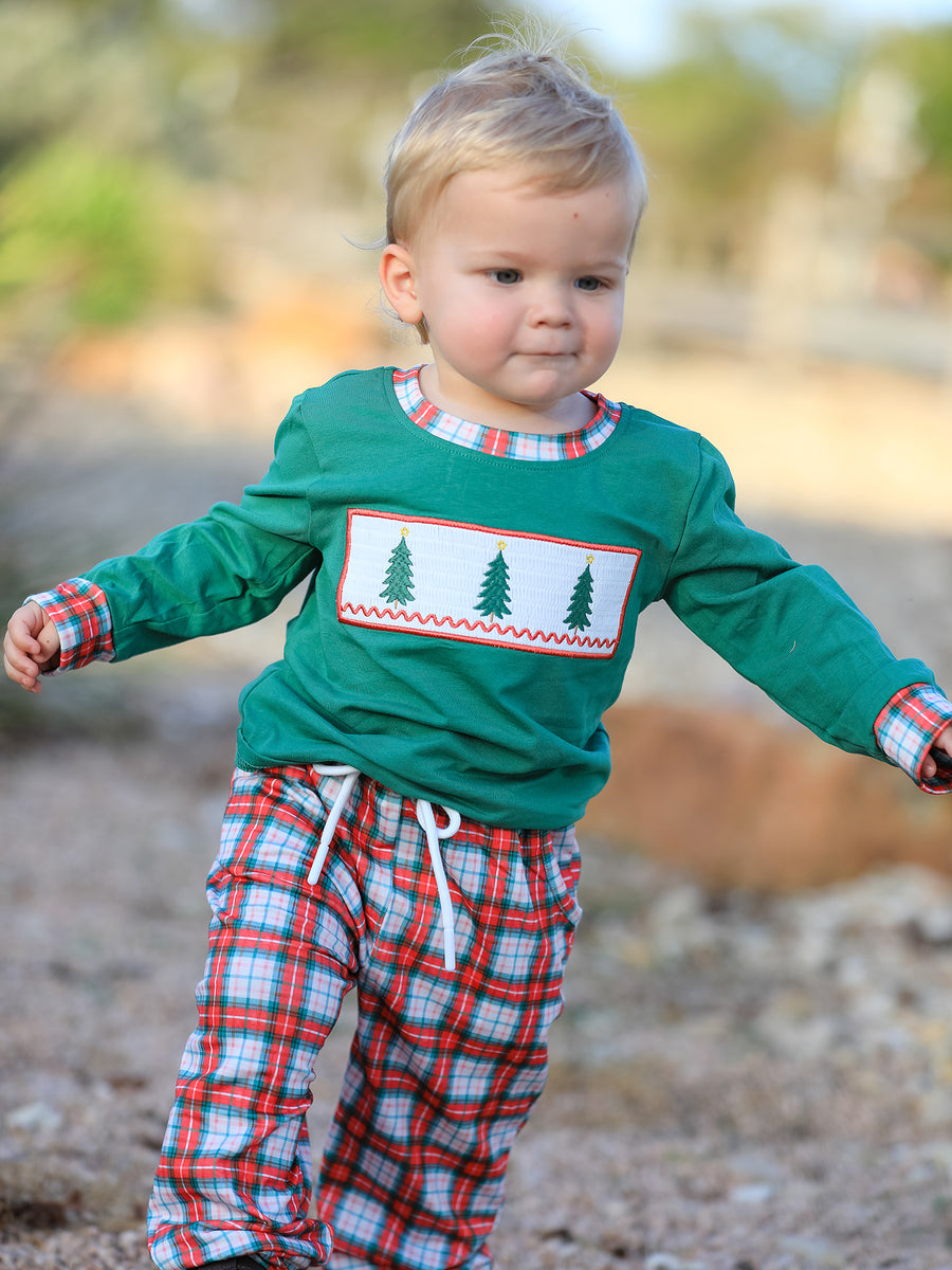 Christmas Tree Plaid Boys Set Long Sleeve Top Pants