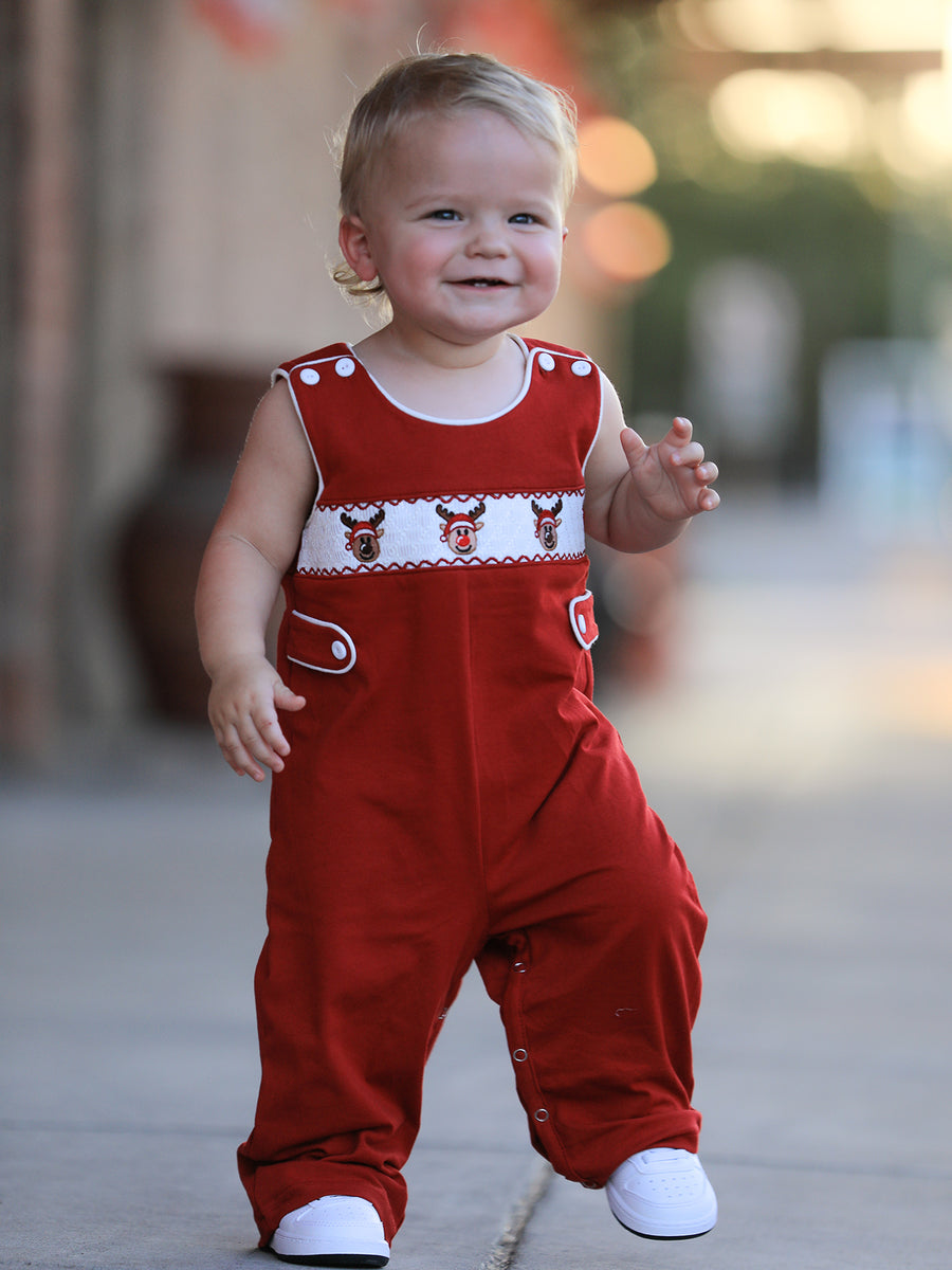 Baby Boys Christmas Reindeer Smocked Red Jonjon