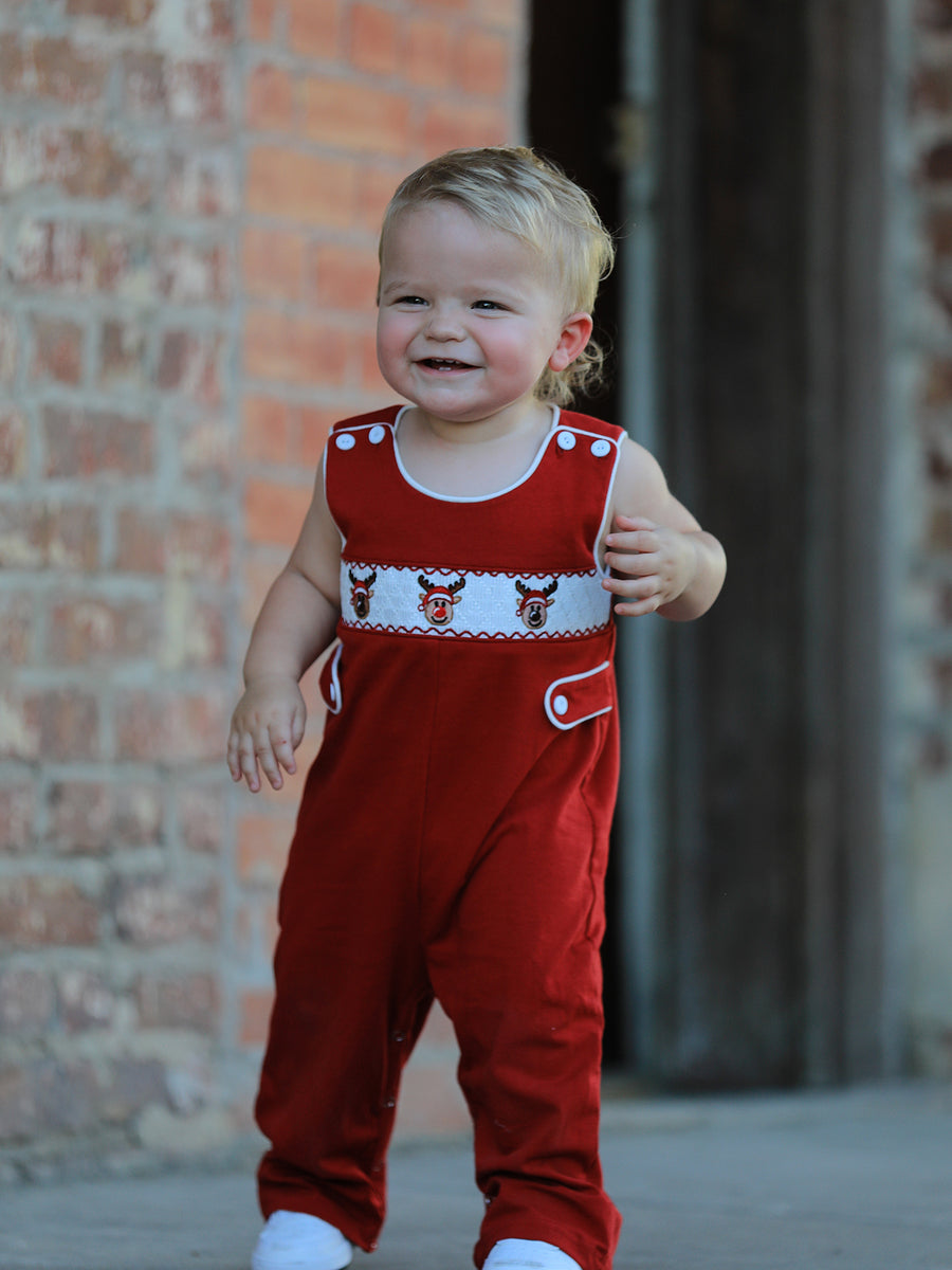Baby Boys Christmas Reindeer Smocked Red Jonjon