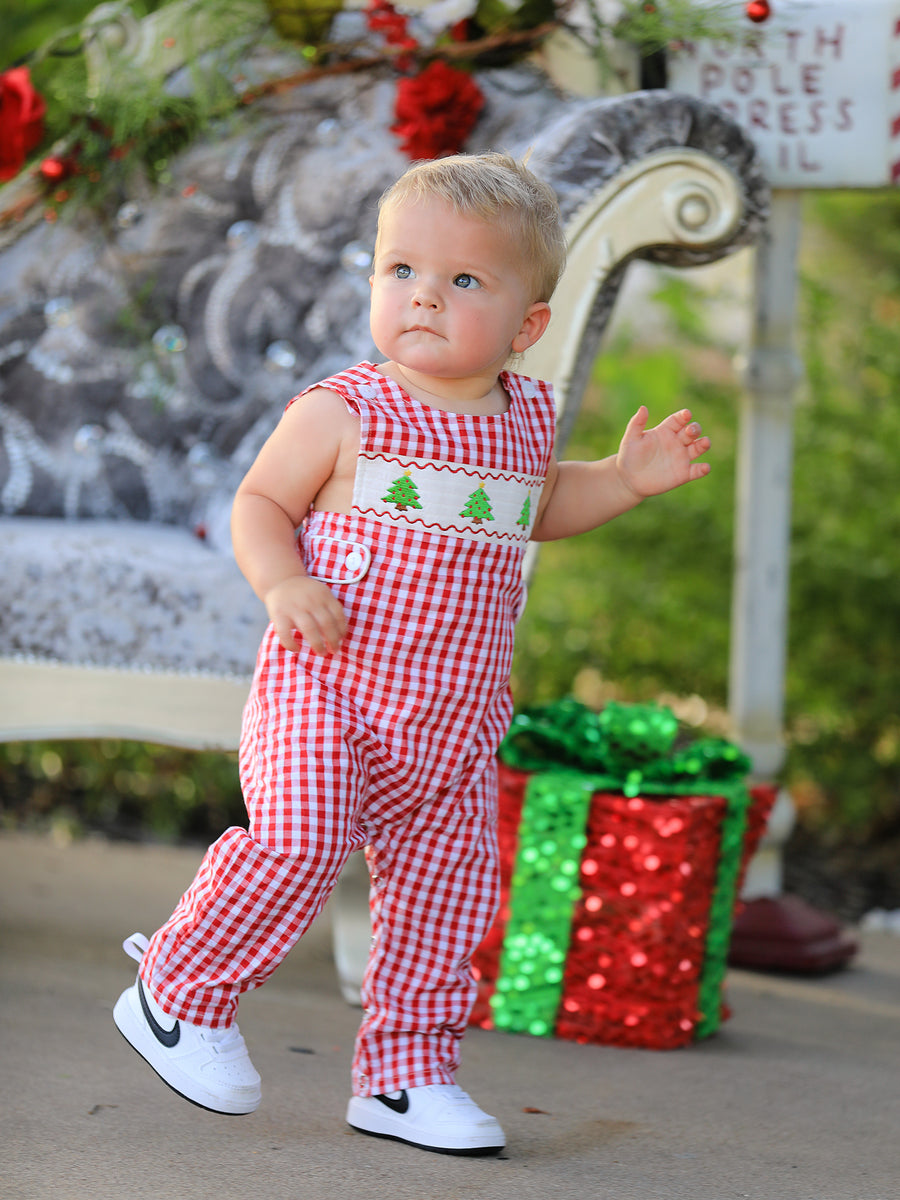 Christmas Smocking Embroidered Christmas Tree Plaid Plaid Baby Boy Romper