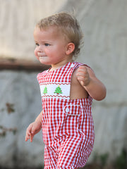 Christmas Smocking Embroidered Christmas Tree Plaid Plaid Baby Boy Romper