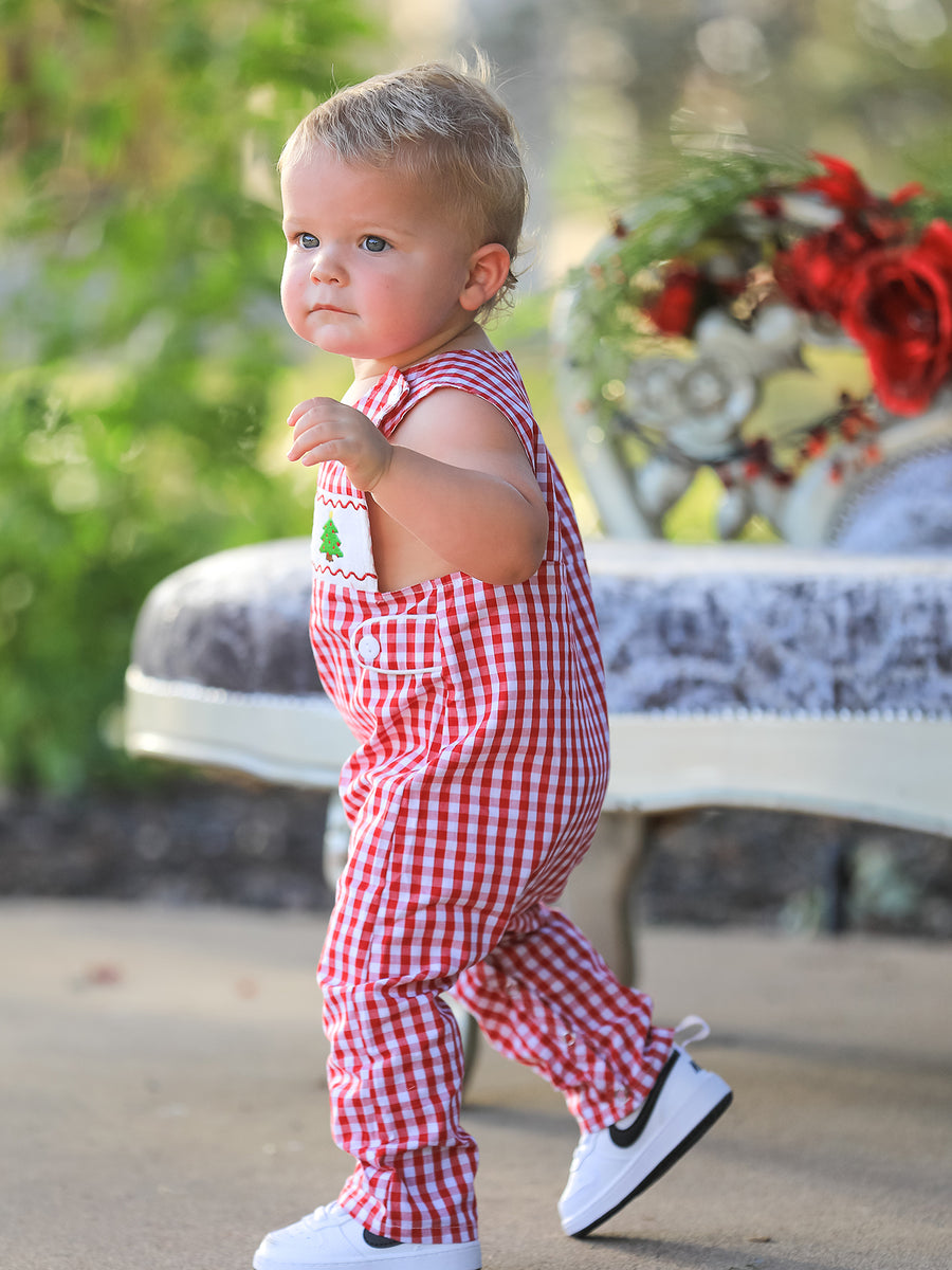 Christmas Smocking Embroidered Christmas Tree Plaid Plaid Baby Boy Romper