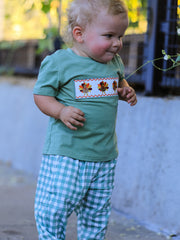 Fall Thanksgiving Chicken Smock Embroidered Green Plaid Boys 'Set
