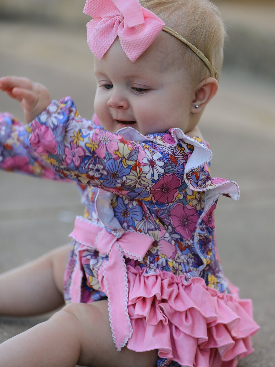 Fall Vintage Floral Print Girls Long Sleeve Romper
