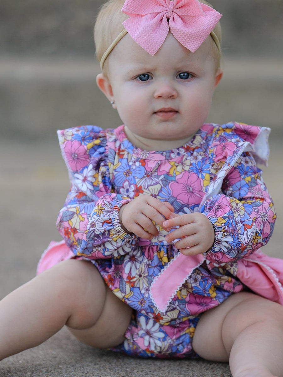 Fall Vintage Floral Print Girls Long Sleeve Romper