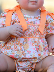 Peach Bow Smocked Floral Baby Bubble