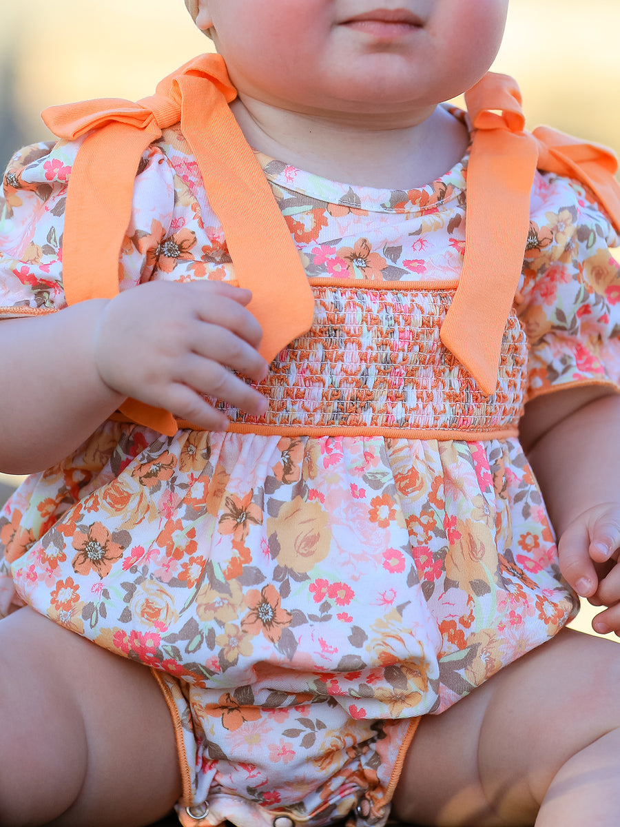 Peach Bow Smocked Floral Baby Bubble