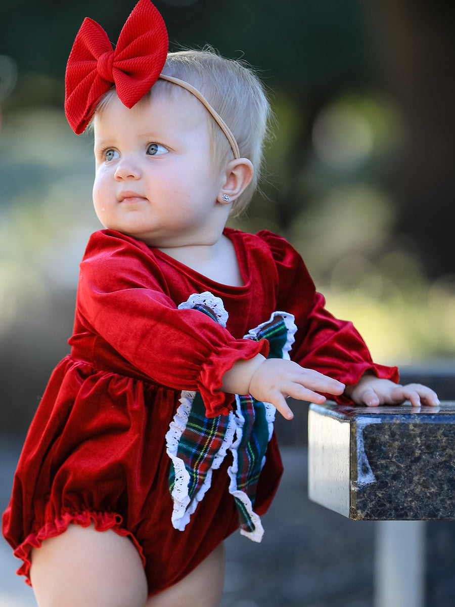 Baby Girls Christmas Burgundy Velvet Plaid Bow Romper
