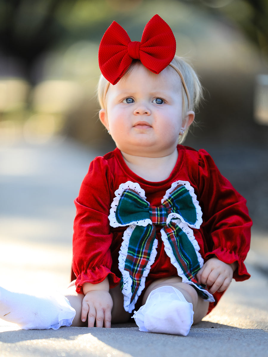 Baby Girls Christmas Burgundy Velvet Plaid Bow Romper