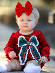Baby Girls Christmas Burgundy Velvet Plaid Bow Romper