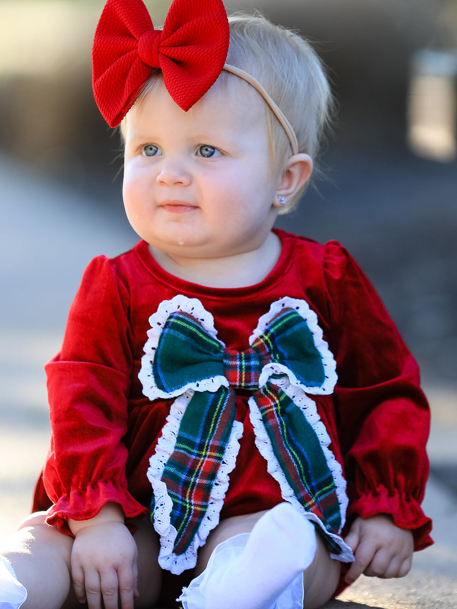 Baby Girls Christmas Burgundy Velvet Plaid Bow Romper