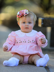 Fall Pink Smocked Baby Girl Corduroy Bubble Romper Peter Pan Collar Floral Detail