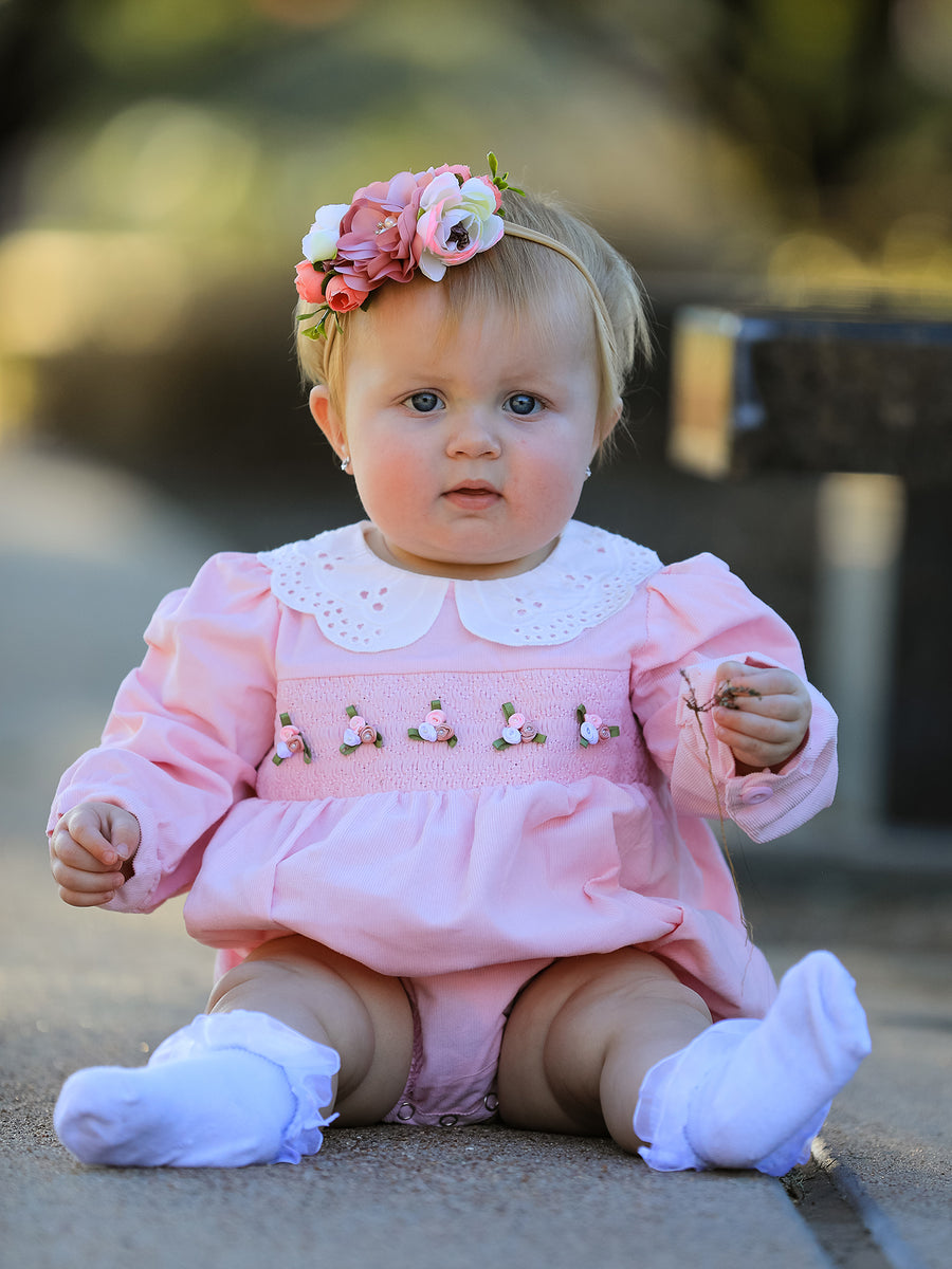 Fall Pink Smocked Baby Girl Corduroy Bubble Romper Peter Pan Collar Floral Detail