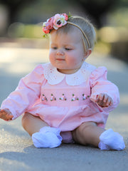 Fall Pink Smocked Baby Girl Corduroy Bubble Romper Peter Pan Collar Floral Detail