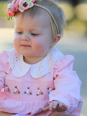 Fall Pink Smocked Baby Girl Corduroy Bubble Romper Peter Pan Collar Floral Detail