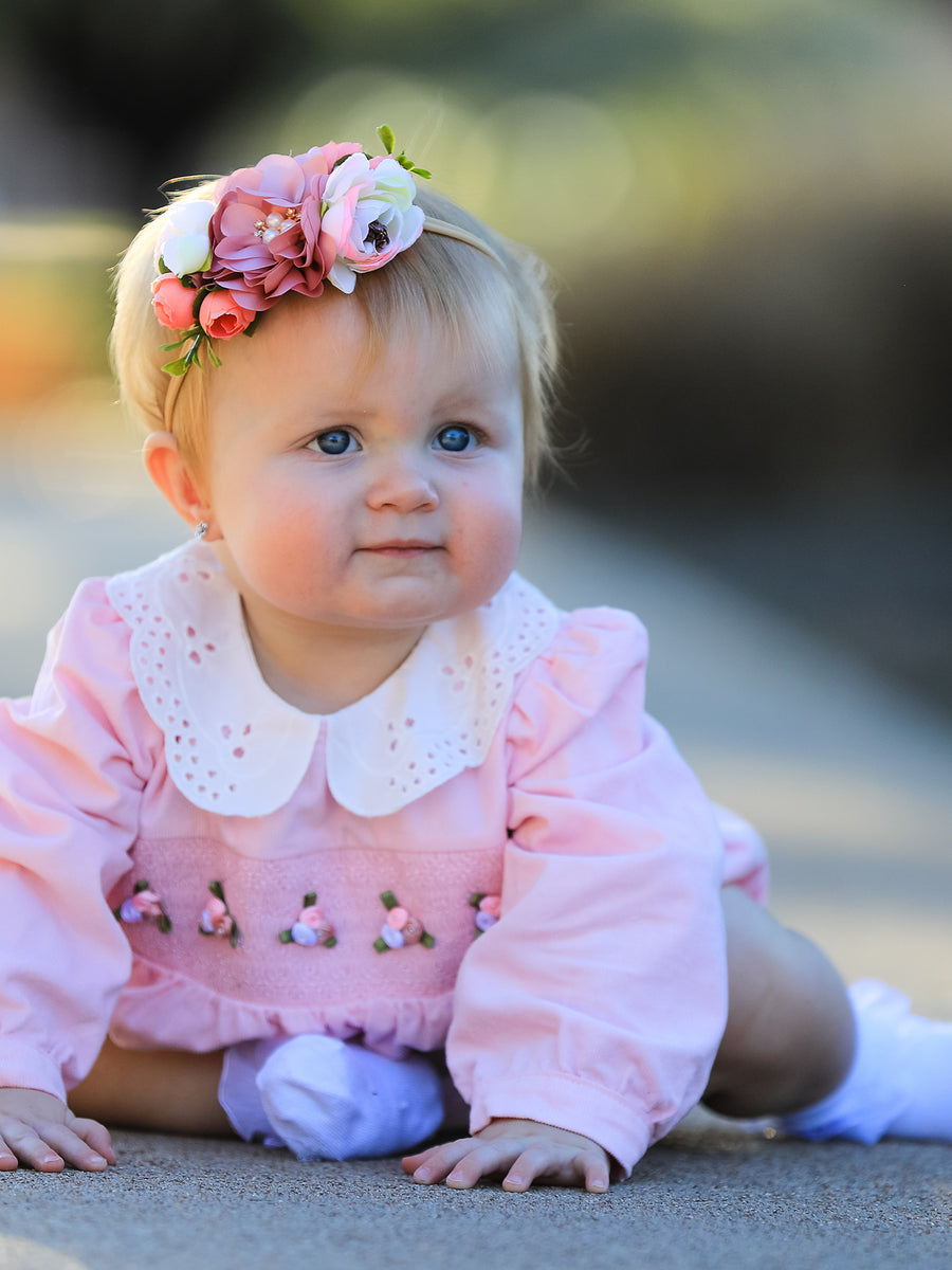 Fall Pink Smocked Baby Girl Corduroy Bubble Romper Peter Pan Collar Floral Detail