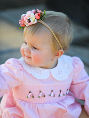 Fall Pink Smocked Baby Girl Corduroy Bubble Romper Peter Pan Collar Floral Detail