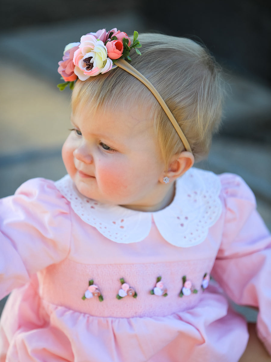 Fall Pink Smocked Baby Girl Corduroy Bubble Romper Peter Pan Collar Floral Detail