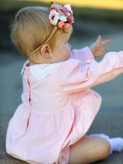 Fall Pink Smocked Baby Girl Corduroy Bubble Romper Peter Pan Collar Floral Detail