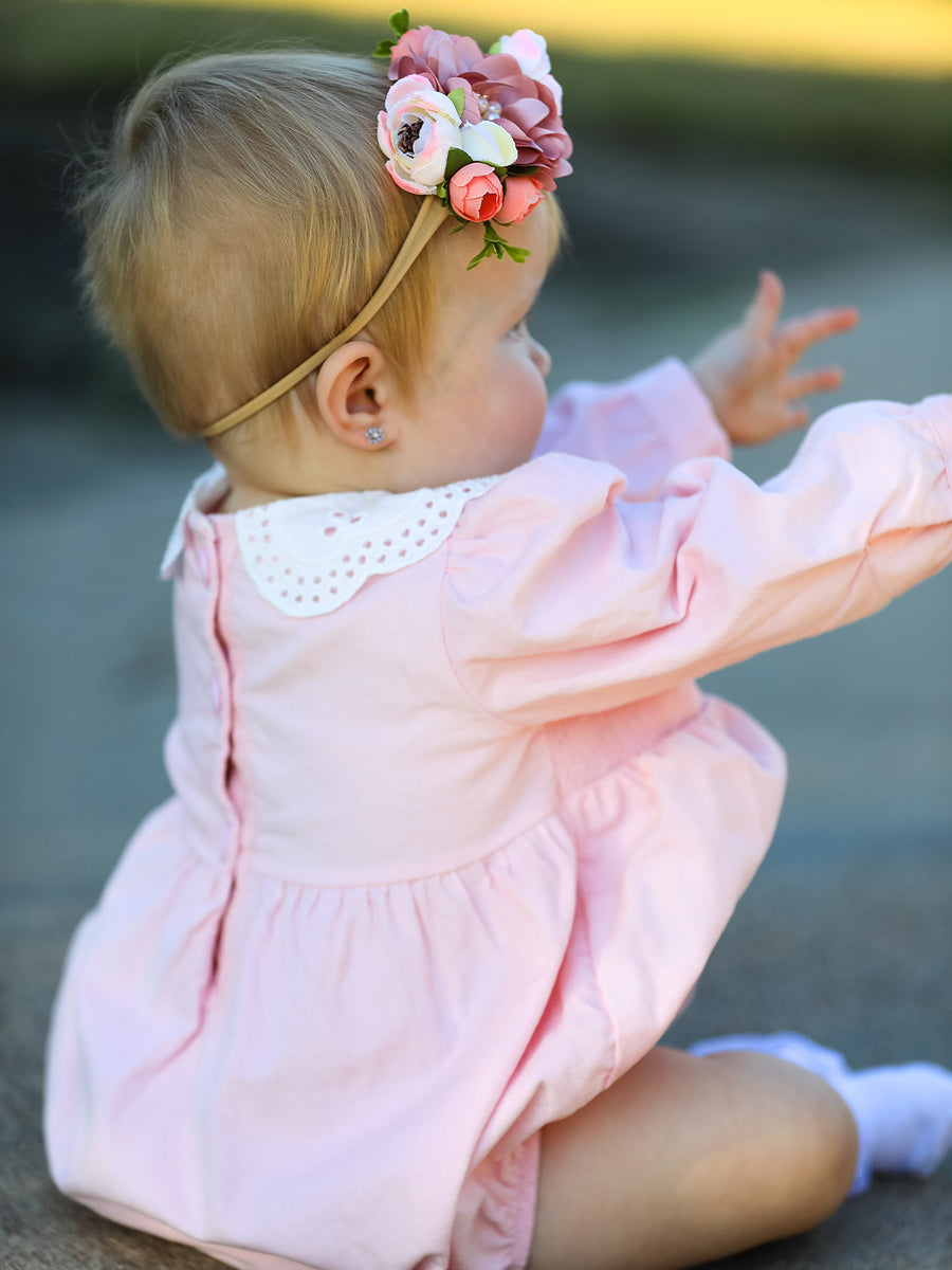 Fall Pink Smocked Baby Girl Corduroy Bubble Romper Peter Pan Collar Floral Detail