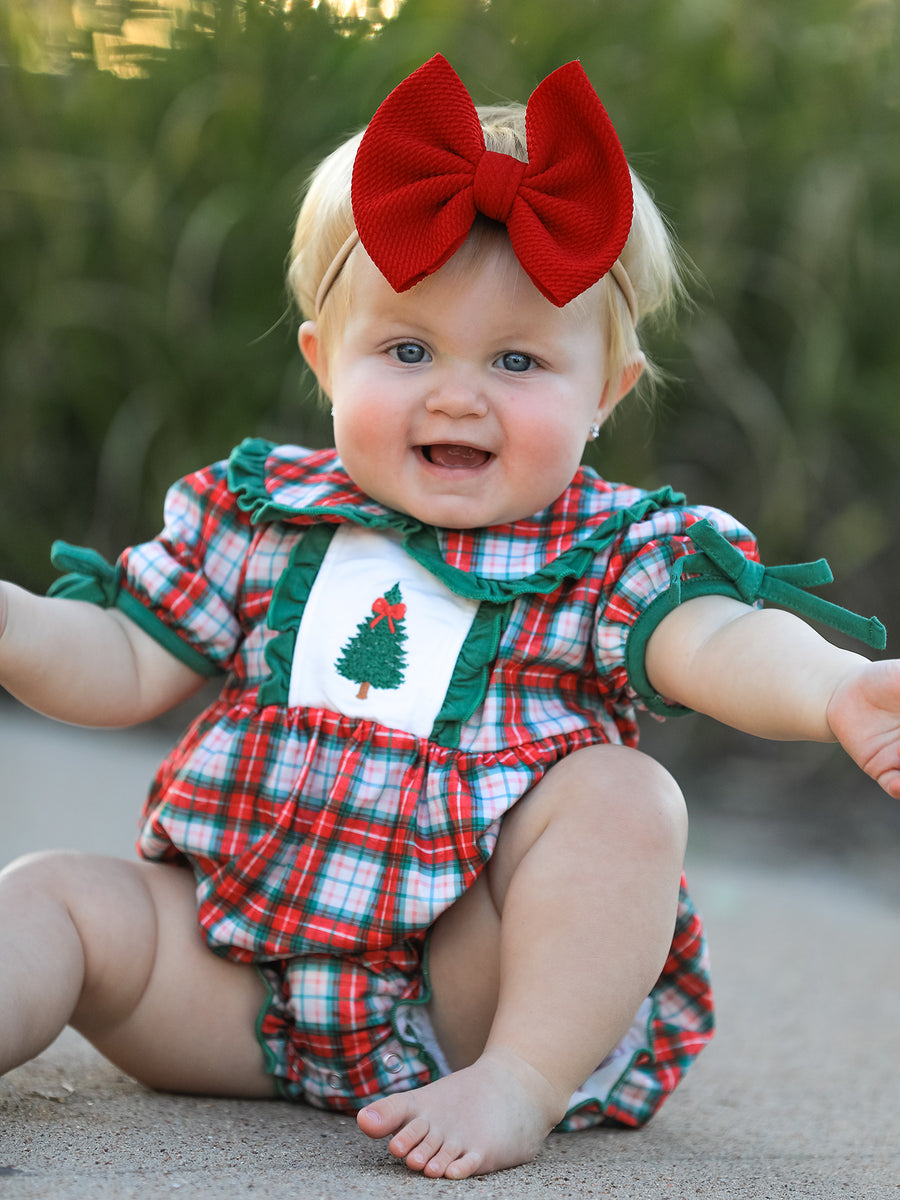 Christmas Tree Plaid Girls Romper Petals Collar Ruffle