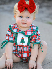 Christmas Tree Plaid Girls Romper Petals Collar Ruffle
