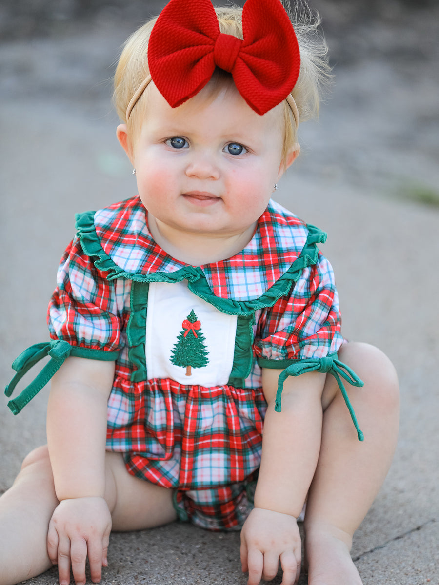 Christmas Tree Plaid Girls Romper Petals Collar Ruffle