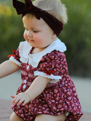 Burgundy Floral Smocked Baby Girl Bubble Romper Peter Pan Collar