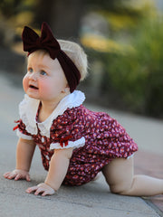 Burgundy Floral Smocked Baby Girl Bubble Romper Peter Pan Collar