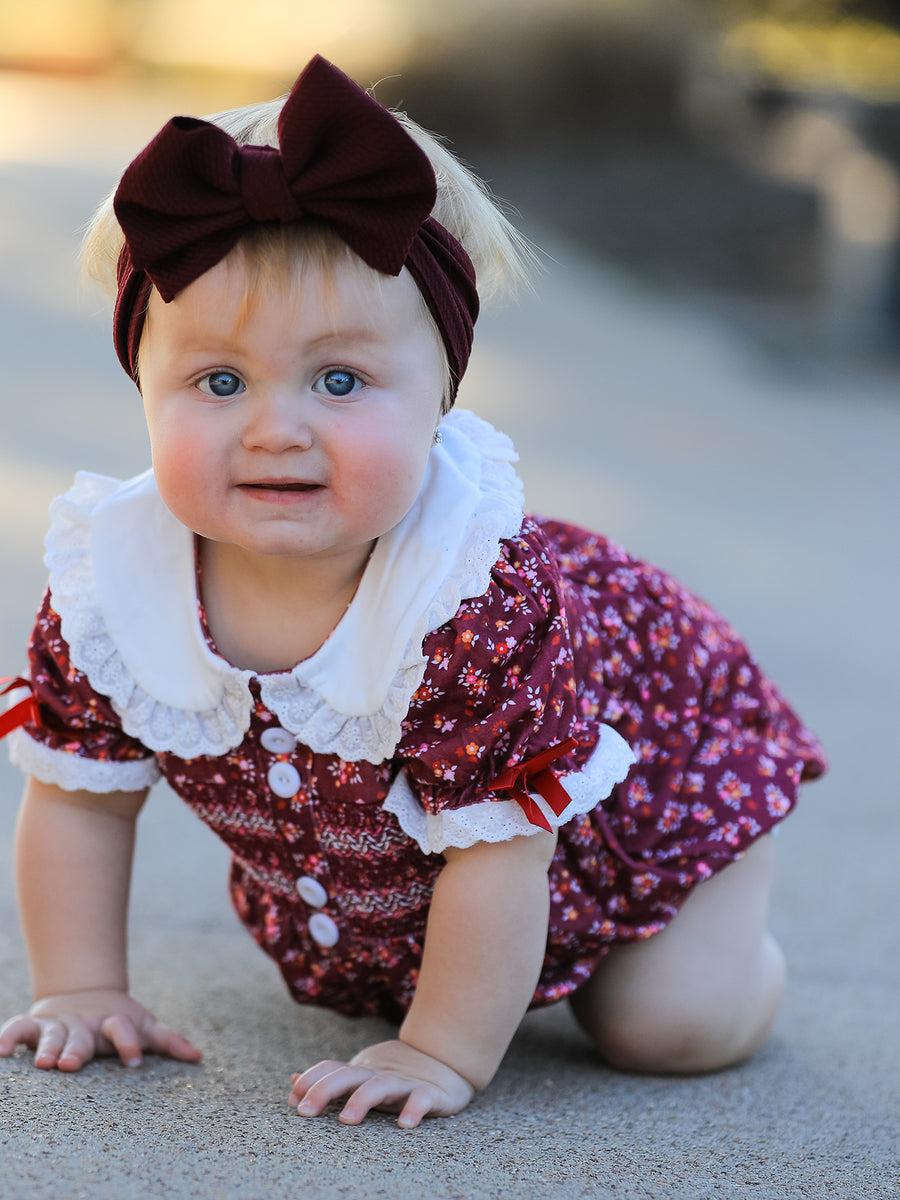 Burgundy Floral Smocked Baby Girl Bubble Romper Peter Pan Collar