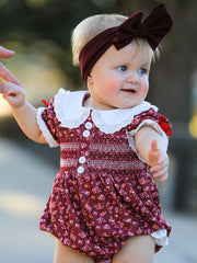 Burgundy Floral Smocked Baby Girl Bubble Romper Peter Pan Collar