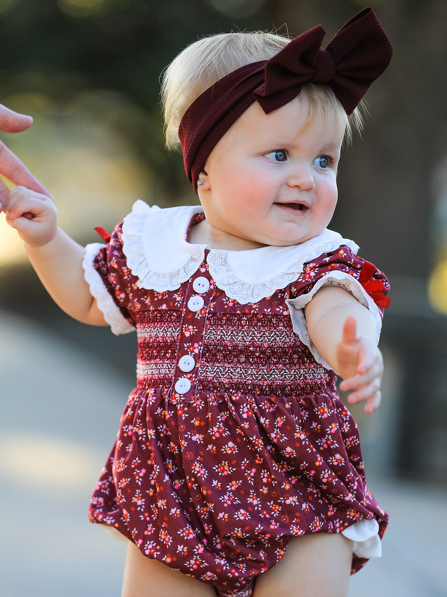 Burgundy Floral Smocked Baby Girl Bubble Romper Peter Pan Collar
