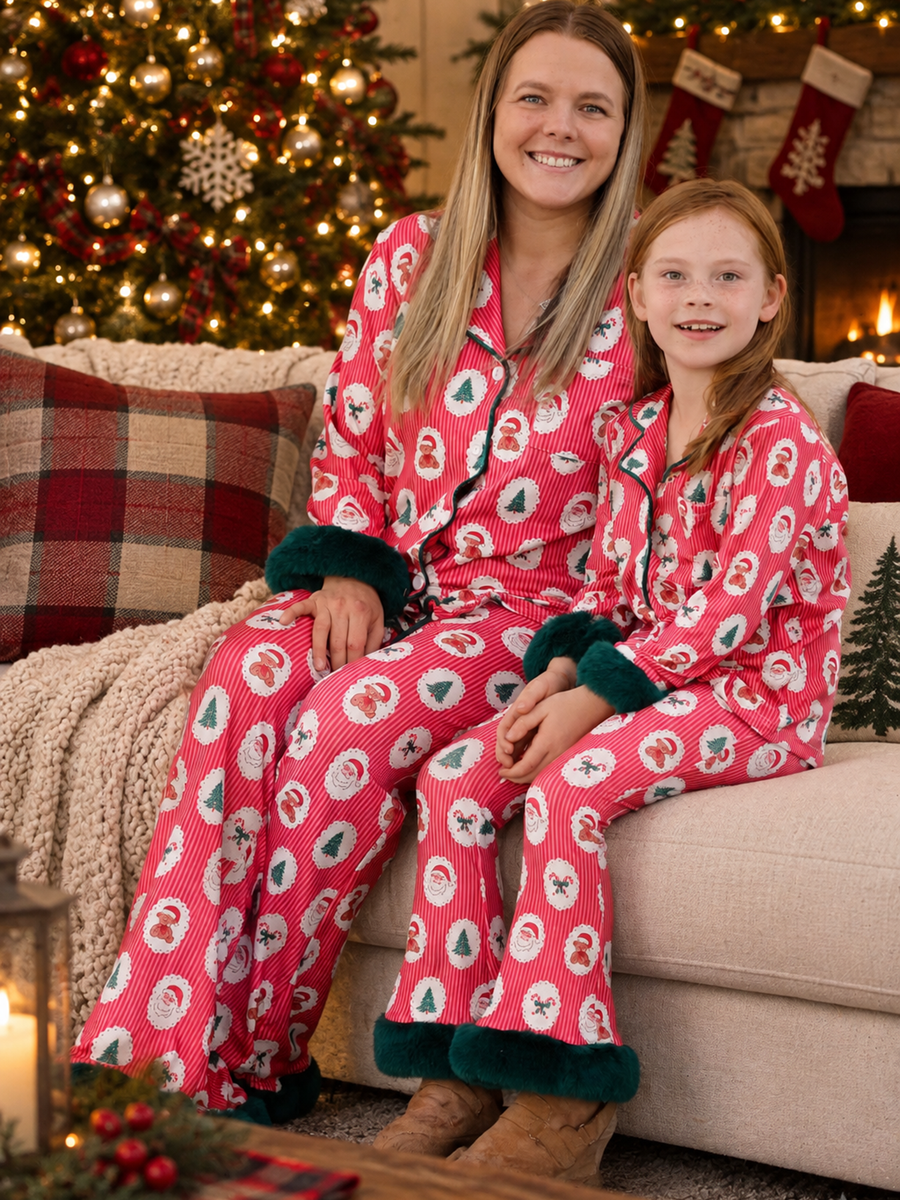 Mommy and Me Christmas Santa Print Pajama Set with Fur Trim