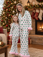 Mommy and Me Christmas Tree Print Pajama Set with Fur Trim
