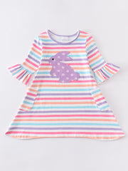 Colored Stripe Rabbit Applique Girl Dress