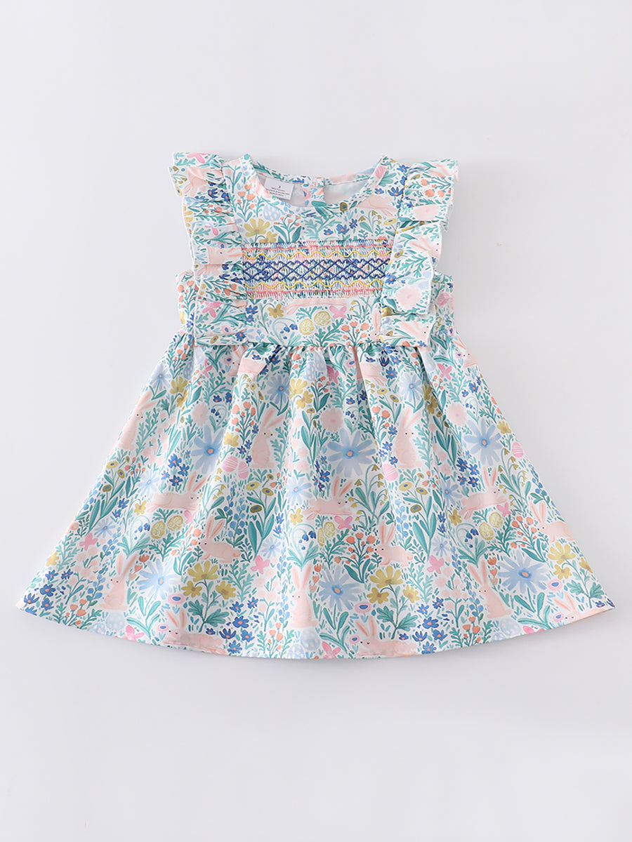 Easter Rabbit Floral Smocked Ruffle Girl Dress