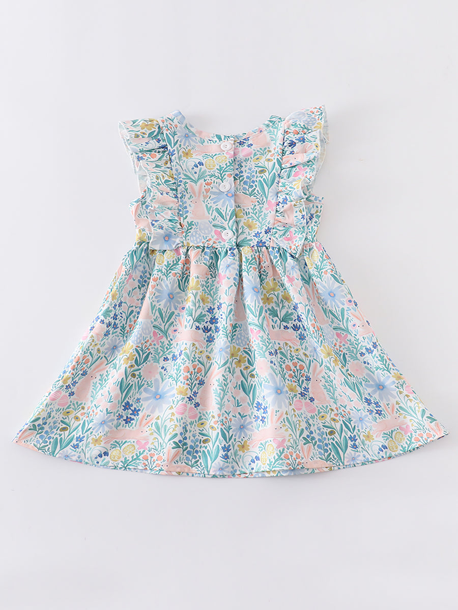 Easter Rabbit Floral Smocked Ruffle Girl Dress