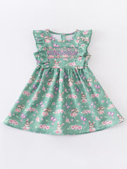 Green Easter Rabbit Floral Smocked Ruffle Girl Dress