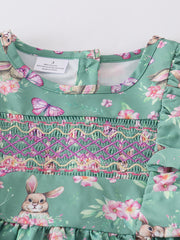 Green Easter Rabbit Floral Smocked Ruffle Girl Dress