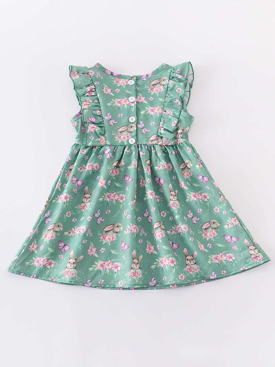 Green Easter Rabbit Floral Smocked Ruffle Girl Dress