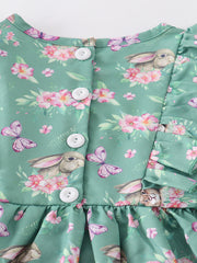 Green Easter Rabbit Floral Smocked Ruffle Girl Dress