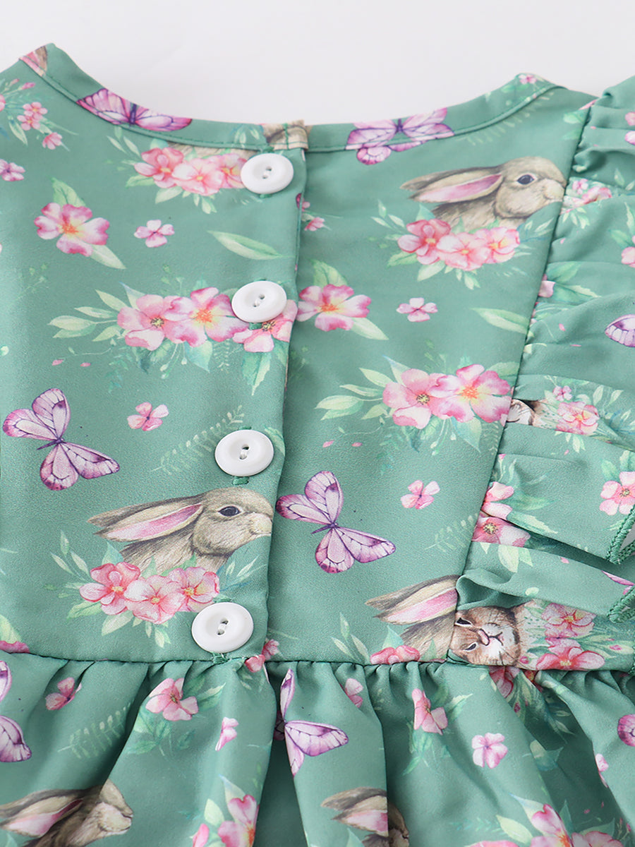 Green Easter Rabbit Floral Smocked Ruffle Girl Dress