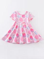 Pink Striped Egg Print Twirl Dress